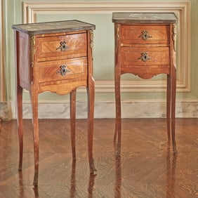 Pair of Transitional Louis XV/XVI Style Bedside Tables with Two Drawers