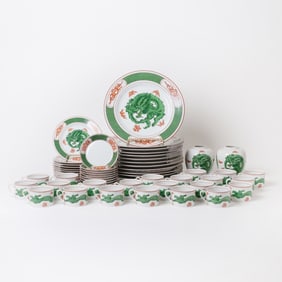 Fitz and Floyd Porcelain "Dragon Crest Green" Pattern Partial Dinner Set