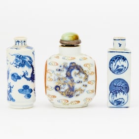 Three Chinese Porcelain Snuff Bottles Qing Dynasty