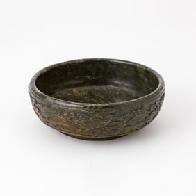 A Chinese Spinach Jade Bowl Incised Qianlong Mark, Qing Dynasty