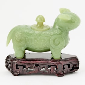 A Chinese Celadon Jade 'Mythical Beast" Water Dropper and Cover 20th Century