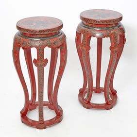 A Pair of Chinese Red Lacquered Incense Stands Late Qing Dynasty