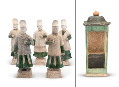 A Group of Chinese Sancai Glazed Pottery of Attendants and a Sedan Chair Ming Dynasty