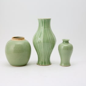 Three Chinese Celadon Glaze Porcelain Vessels Qing Dynasty