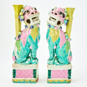 A Pair of Chinese Enameled Porcelain Fu Lions 18th Century