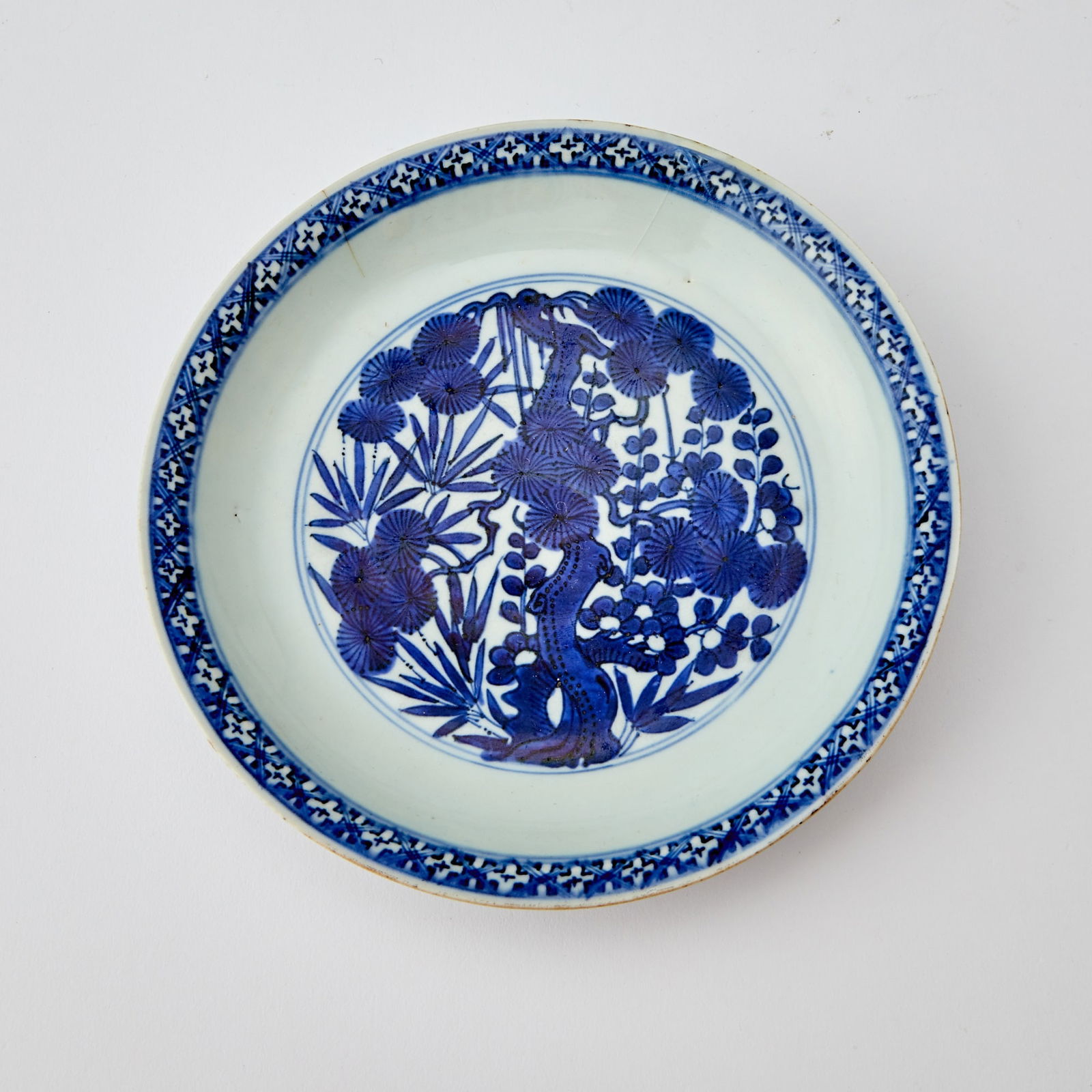 A Chinese Blue and White Porcelain 'Three Friends of Winter' Dish Wanli Mark and of the Period (1 of 3)