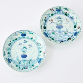 A Pair of Chinese 'Doucai' Dishes Chenghua Mark, Qing Dynasty