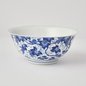 A Chinese Blue and White Squirrel and Grapes Bowl Chenghua Mark, but Later