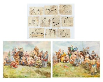 Two Mongolian-School Figural Watercolors Dated 2004