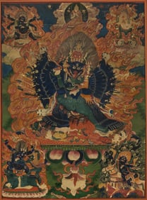 A Tibetan Thangka of Yamantaka Yabyum 18th - 19th Century