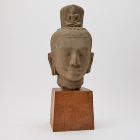 A Khmer-Style Carved Stone Head of Buddha 20th century or earlier