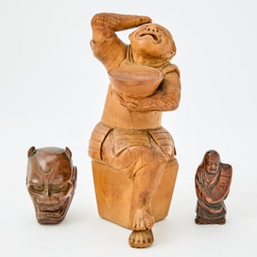 Three Japanese Boxwood Carvings Meiji-Taisho Period