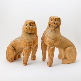 A Pair of Japanese Wood Sculptures of Guardian Lion-Dogs Edo Period, Possibly 17th century