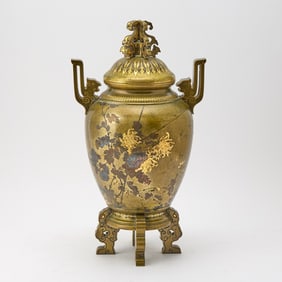 A Japanese Mixed Metal Inlaid Vase and Cover Sign Kanazawa Bronze Company, Meiji Period