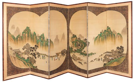 A Japanese Painted Byobu Six-Fold Screen Edo Period