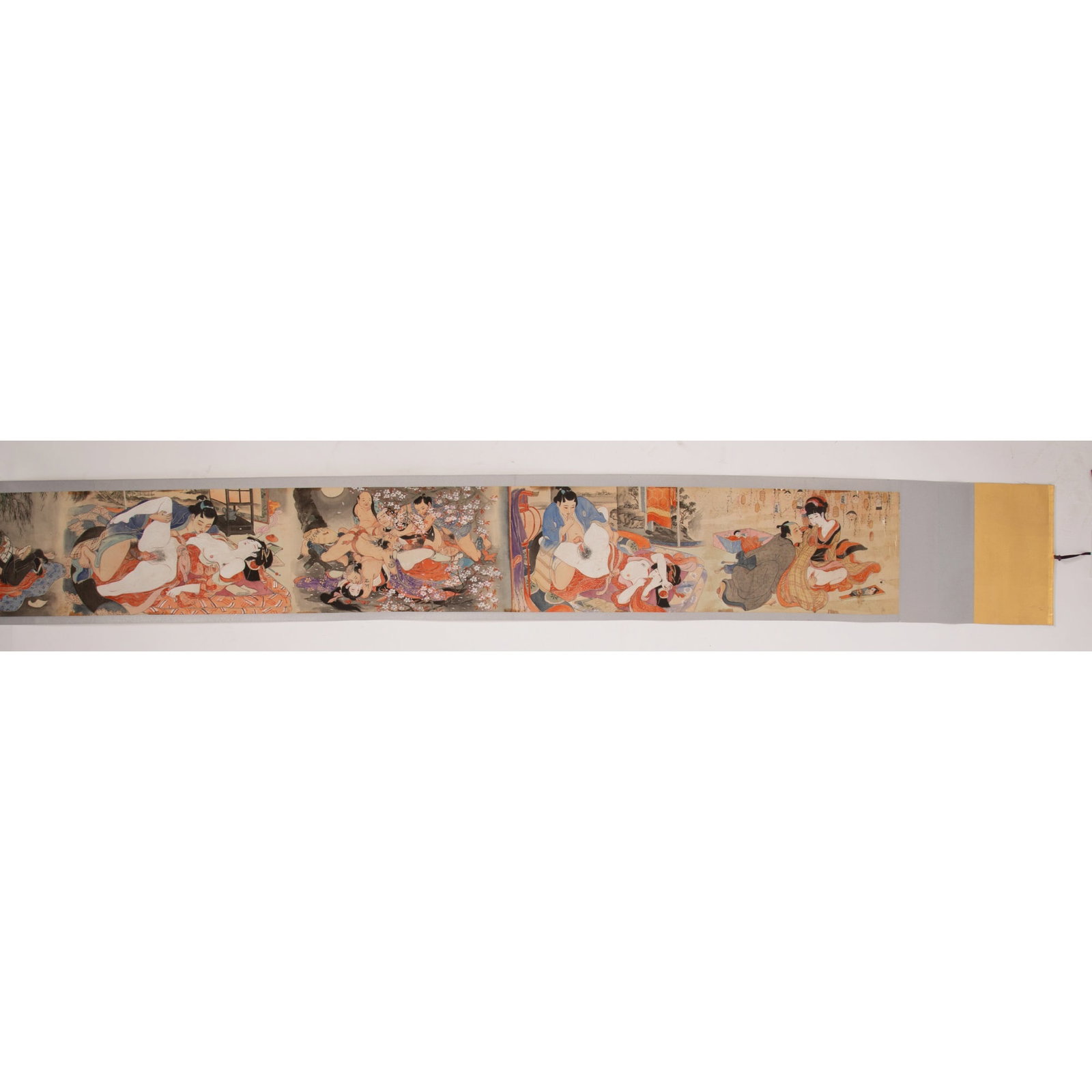 A Japanese Shunga Hand Scroll Taisho Period: Depicting multiple erotic scenes. (Sight height 12 1/2 inches)
