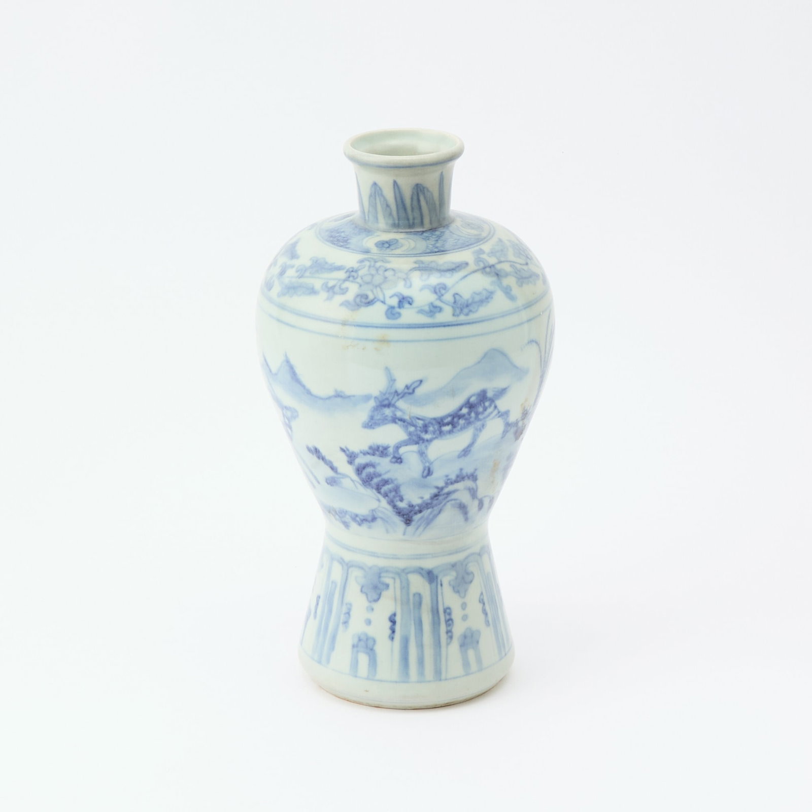 A Korean Blue and White Porcelain Vase Joseon Dynasty: Of maebyong form, decorated to show three deer in a landscape scene. (Height 9 1/4 inches)