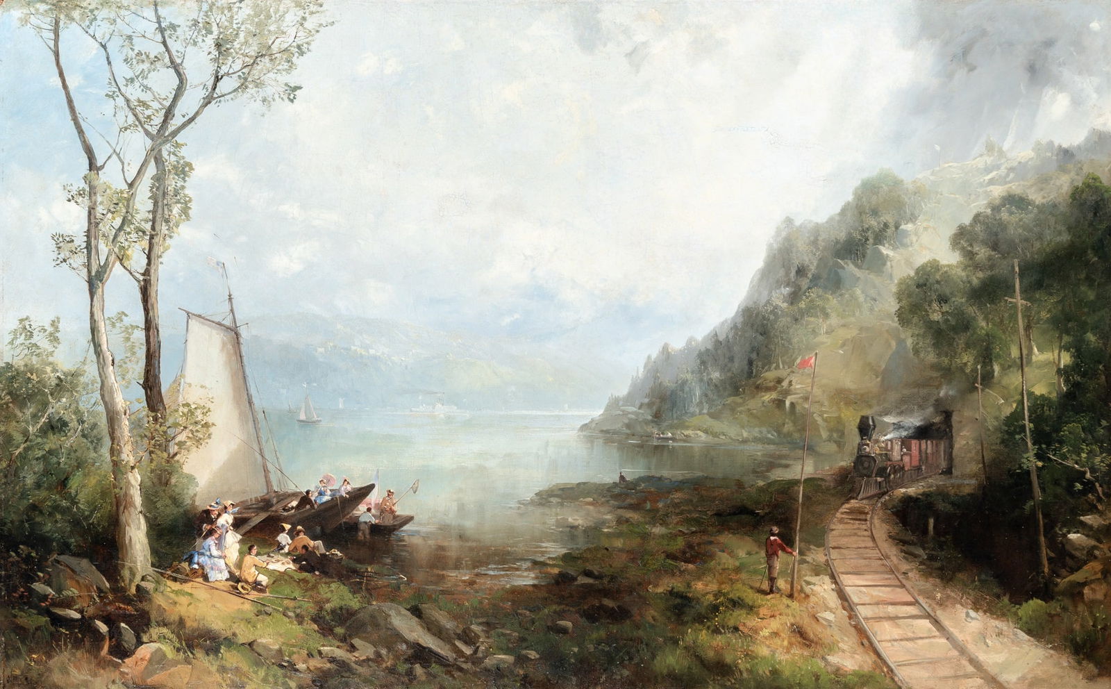 Attributed to Andrew Melrose: Boating Party at Anthony's NoseSigned indistinctly (ll)Oil on canvas laid to Masonite29 1/2 x 47 1/2 inches (74.9 x 120.7 cm) (Framed 36 x 54 1/2 inches)