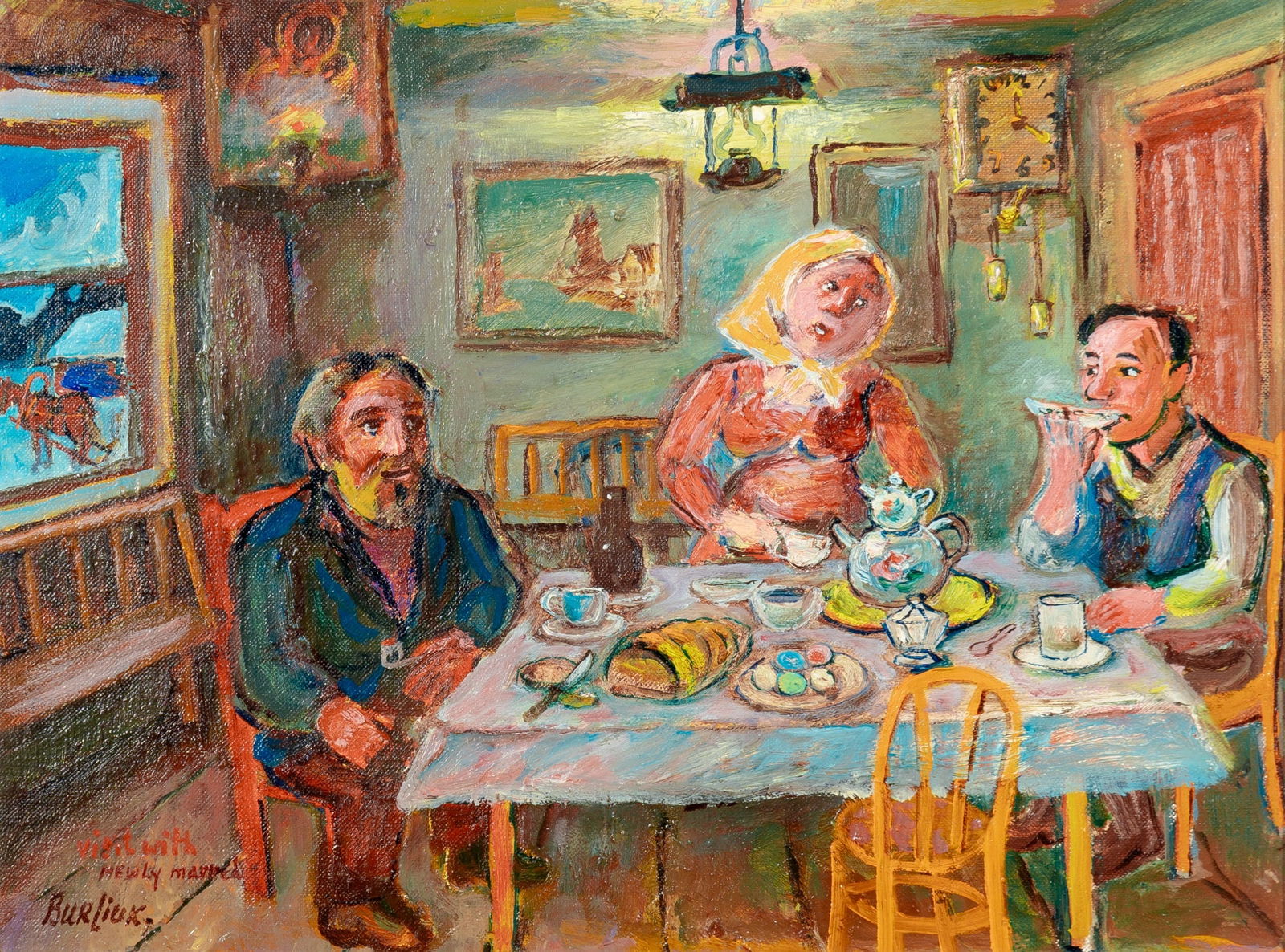 David Davidovich Burliuk: Ukrainian, 1882-1967Visit with Newly MarriedSigned Burliuk and inscribed as titled (ll)Oil on canvsaboard 11 3/4 x 15 3/4 inches (29.8 x 40 cm) (Fra