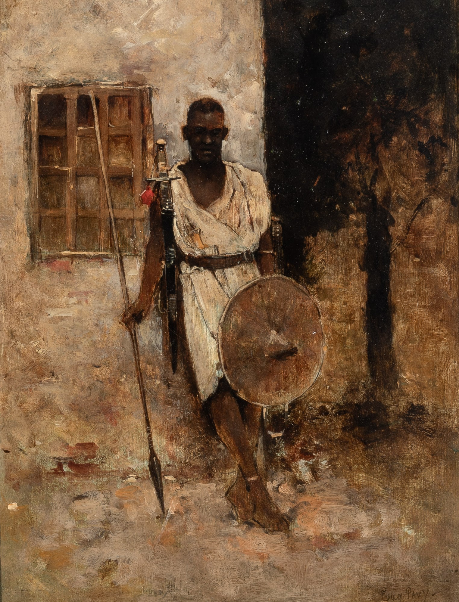 Eugène Pavy: French, 1840 - 1905 North African Guard Signed Eug Pavy (lr) Oil on panel 12 3/4 x 10 1/2 inches (32.3 x 26cm) Provenance: Christie's East, Sale, February 26, 1991, lot 242