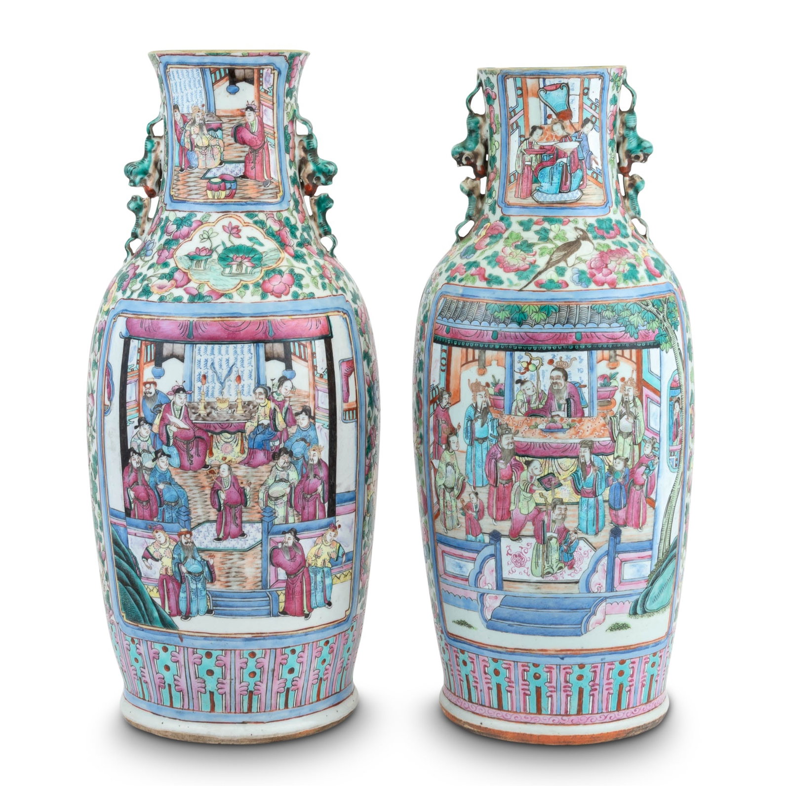 A Pair of Chinese Enameled Porcelain Vases 19th Century: Each decorated with figural panels with molded qilong handles. (Height 22 1/2 inches)