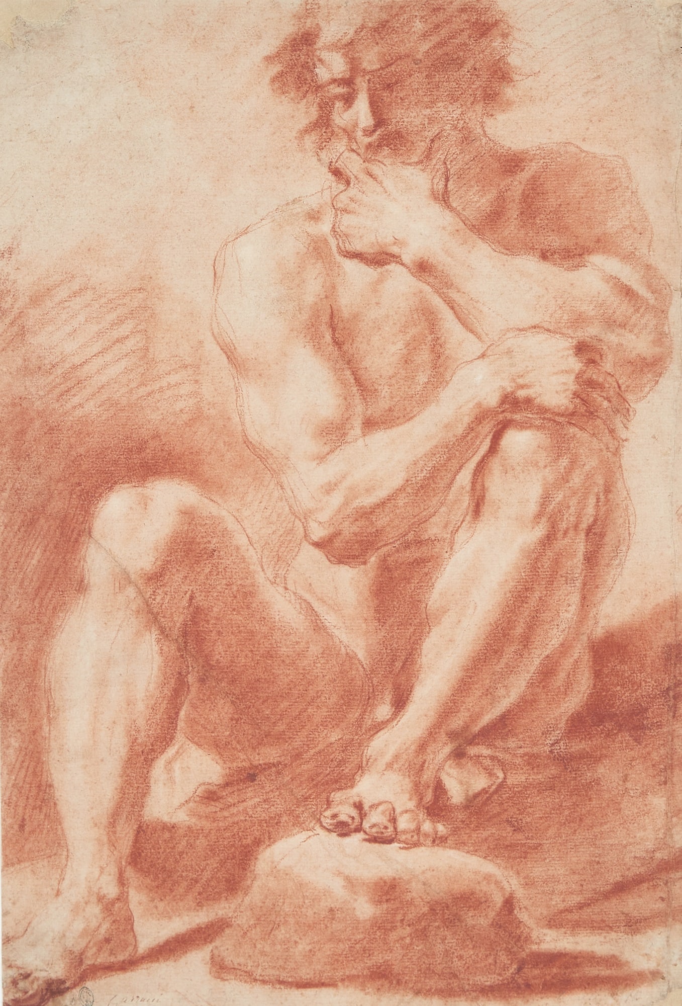 Follower of Annibale Carracci: Study of a Seated Male Nude Inscribed Carracci and bearing an unidentified collector’s mark (ll); inscribed 297 (?) along the upper right edge in black inkRed chalk on paper 17 3/4 x 12 1/4 inch