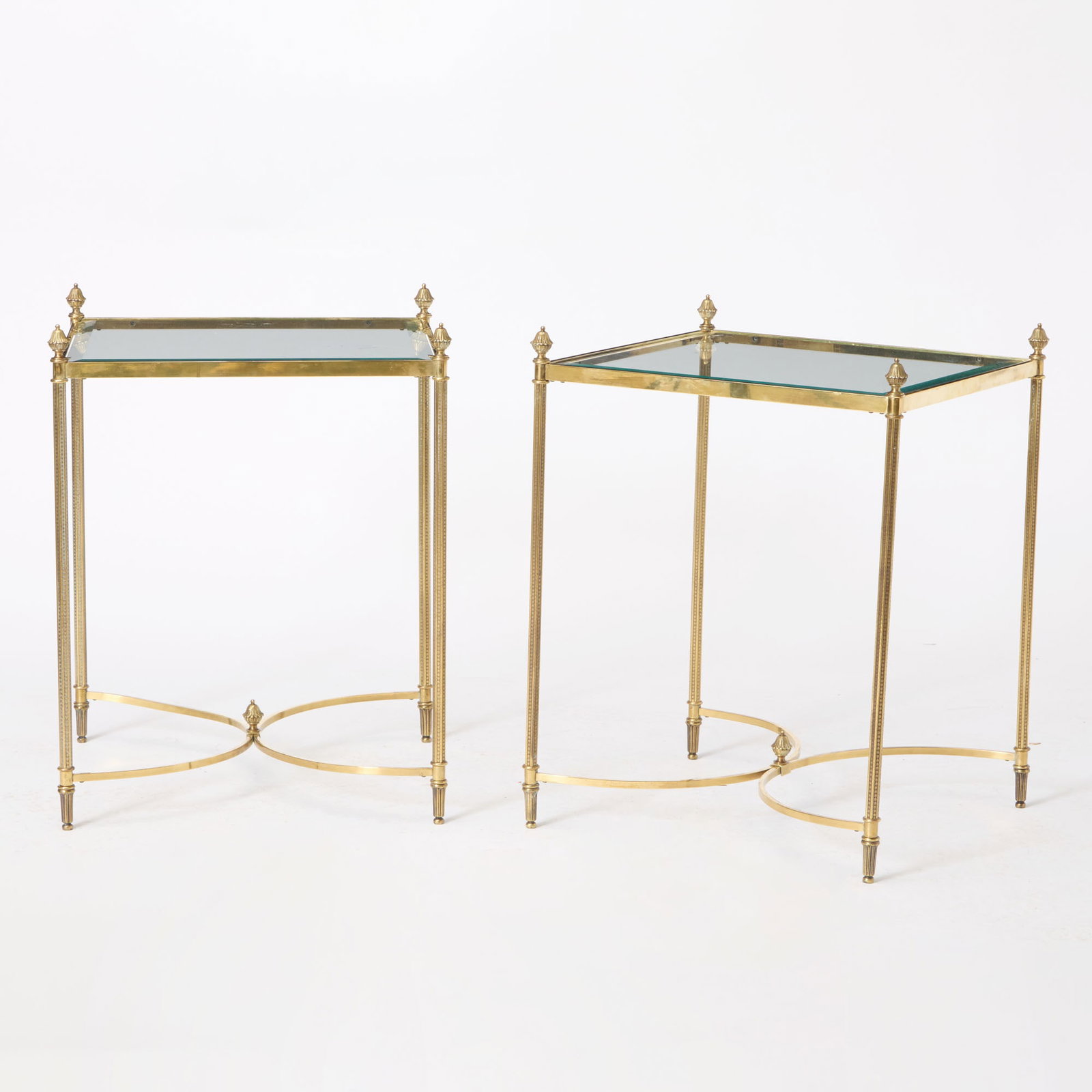 Pair of Brass and Glass Side Tables: Modern Height 28 inches, 21 3/4 inches square.