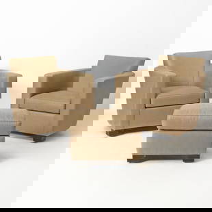 Pair of John Hutton for Holly Hunt Upholstered Club Chairs and Ottoman: Height 31 1/2 inches, width 31 inches, depth of seat 22 inches, height of seat 16 inches.