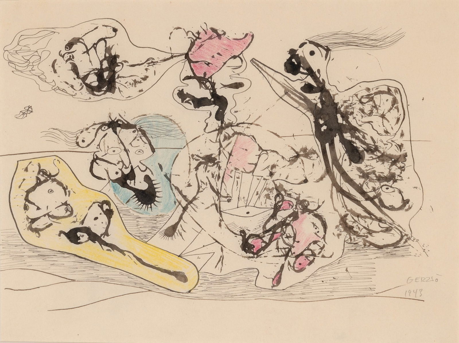 Gunther Gerzso: Mexican, 1915-2000Untitled, 1943Signed and dated Gerzso 1943 (lr)Ink and colored pencils on paperSight 7 7/8 × 10¼ inches (19.9 × 26.2 cm) Provenance:Galeria Lopez Quiroga, Me