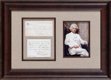 Two signed notes by Mark Twain, framed together