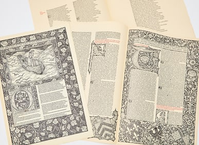Facsimiles of Kelmscott press leaves, one inscribed by Frederick Goudy