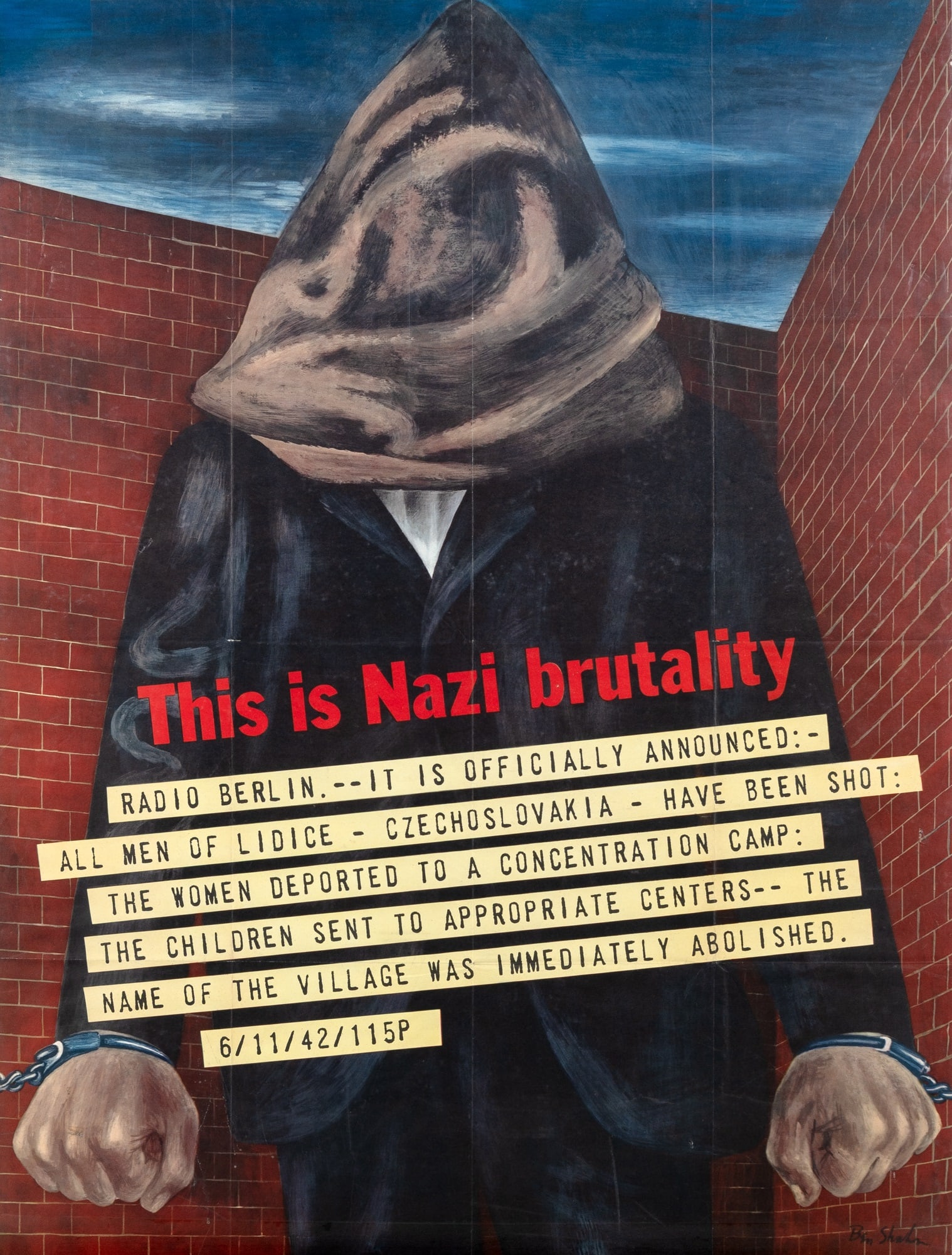 An uncommon Ben Shahn Anti-Nazi poster: SHAHN, BEN This is Nazi Brutality. Washington: Poster No. 11 issued by the United States Office of War Information, 1942. Lithographed poster in colors. 38 x 29 inches (97 x 75 cm). Folds, not mounted