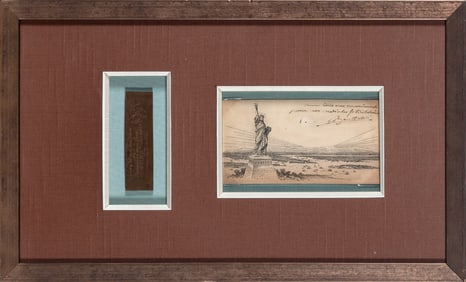 Inscription from Frederic A. Bartholdi and a copper fragment of the Statue of Liberty