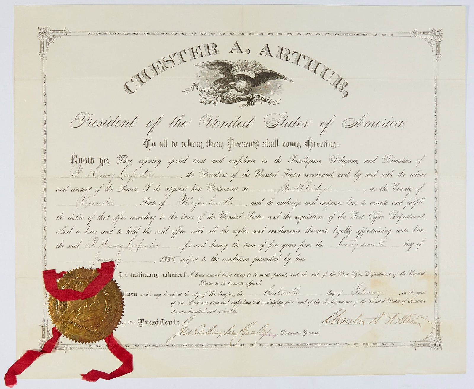 Chester A. Arthur appoints a Massachusetts postmaster: ARTHUR, CHESTER A. Document signed appointing a postmaster. Washington: 13 February 1885. Partly printed document accomplished in manuscript appointing a postmaster at Southbridge, Massachusetts, sign