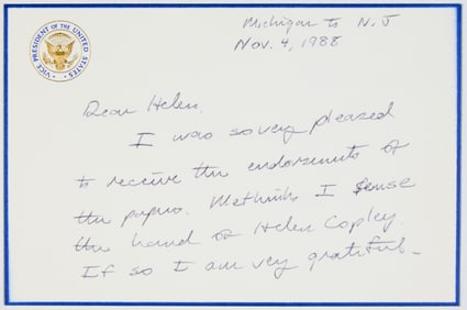 An autograph note from George H.W. Bush just four days before being elected President