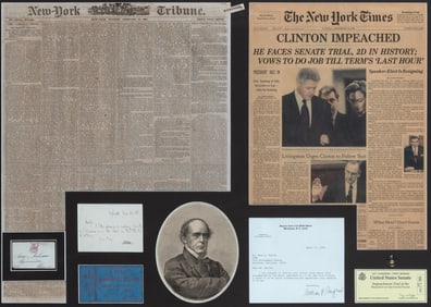 A framed display of impeachment artifact from Andrew Johnson and Bill Clinton