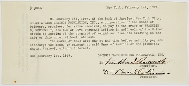 A loan agreement for the Georgia Warm Springs Foundation, signed by Franklin D. Roosevelt