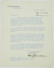 A signed letter from Truman accepting J. Howard McGrath's resignation as Solicitor General