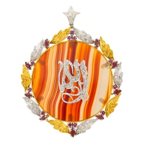 Two-Color Gold, Agate, Diamond and Ruby Pendant