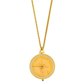 Gold, Gold Omani Coin Medallion and Diamond Pendant-Watch with Gold Chain Necklace