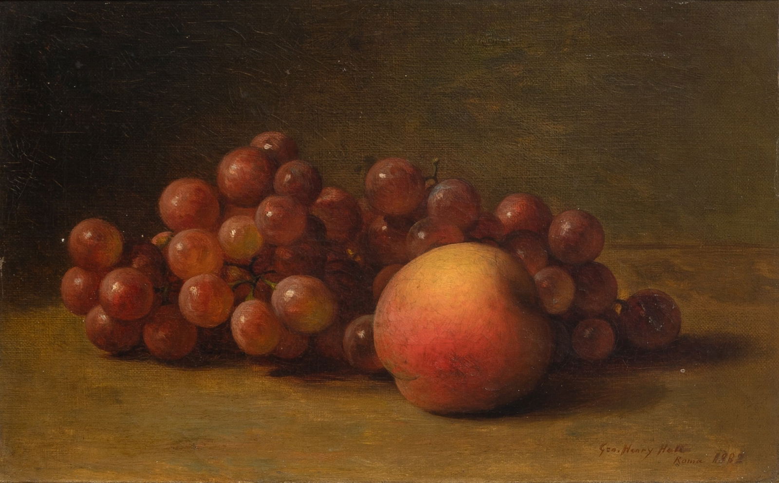 George Henry Hall: American 1825-1913Still Life with Grapes and a Peach, 1882Signed Geo. Henry Hall and dated Rome 1882 (lr)Oil on canvas laid to Masonite7 1/4 x 11 1/2 inches <