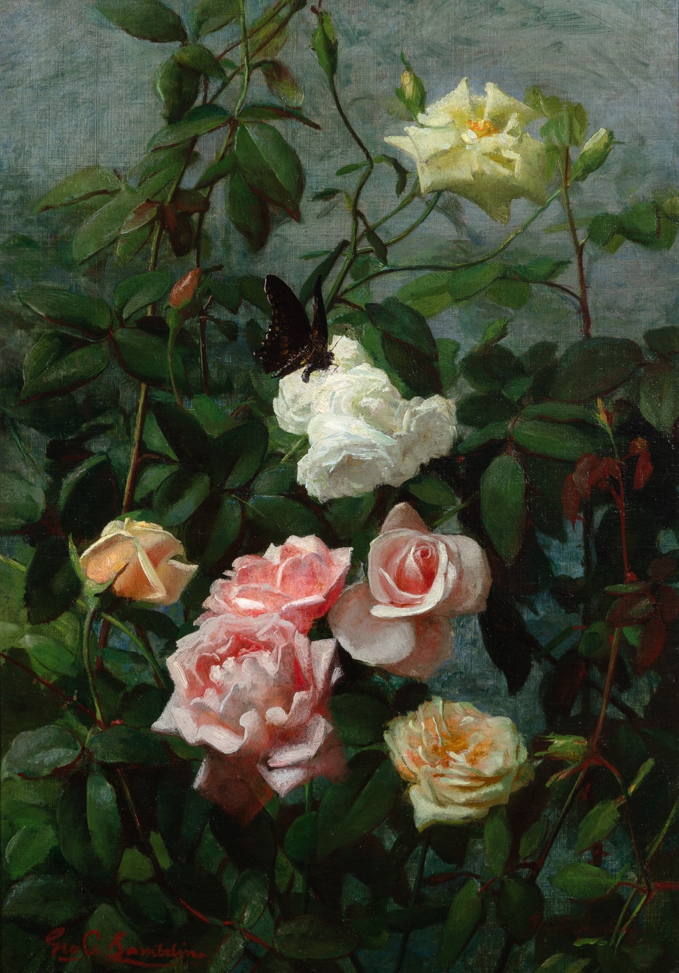 George Cochran Lambdin: American, 1830-1896Still Life of Roses and a ButterflySigned Geo. C. Lambdin (ll)Oil on canvas20 x 14 inches (Framed 25 1/2 x 19 1/2 inches) Glue r