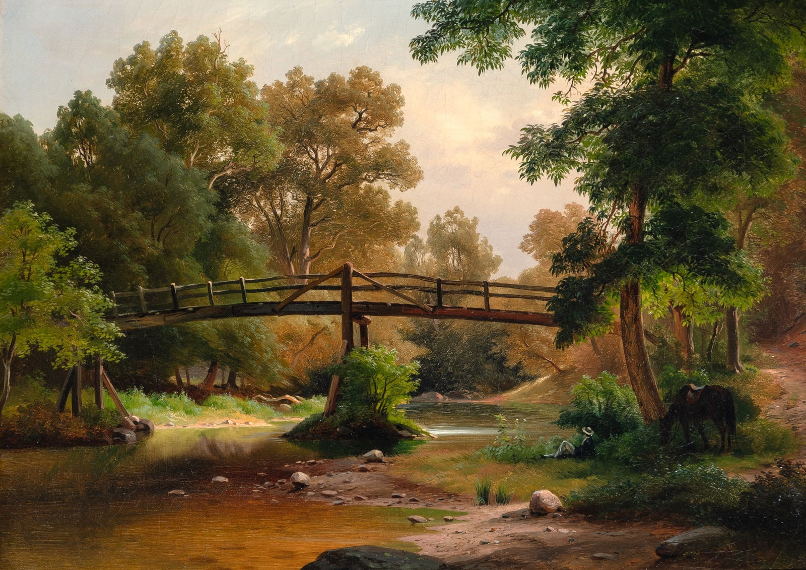 Paul Gottlieb Weber: German/American, 1823-1916Bridge with Figure and HorseSigned Paul Weber and dated indistinctly (lr)Oil on canvas13 x 18 inches (Framed 19 x 24 inches