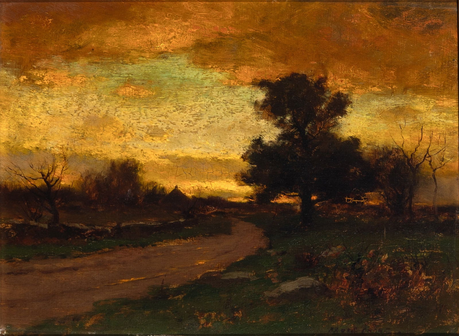 Bruce (Robert Bruce) Crane: American, 1857-1937SunsetSigned Bruce Crane (lr)Oil on panel9 x 12 inches (Framed 17 1/2 x 20 1/2 inches) Drying cracks; uneven varnish; surface so