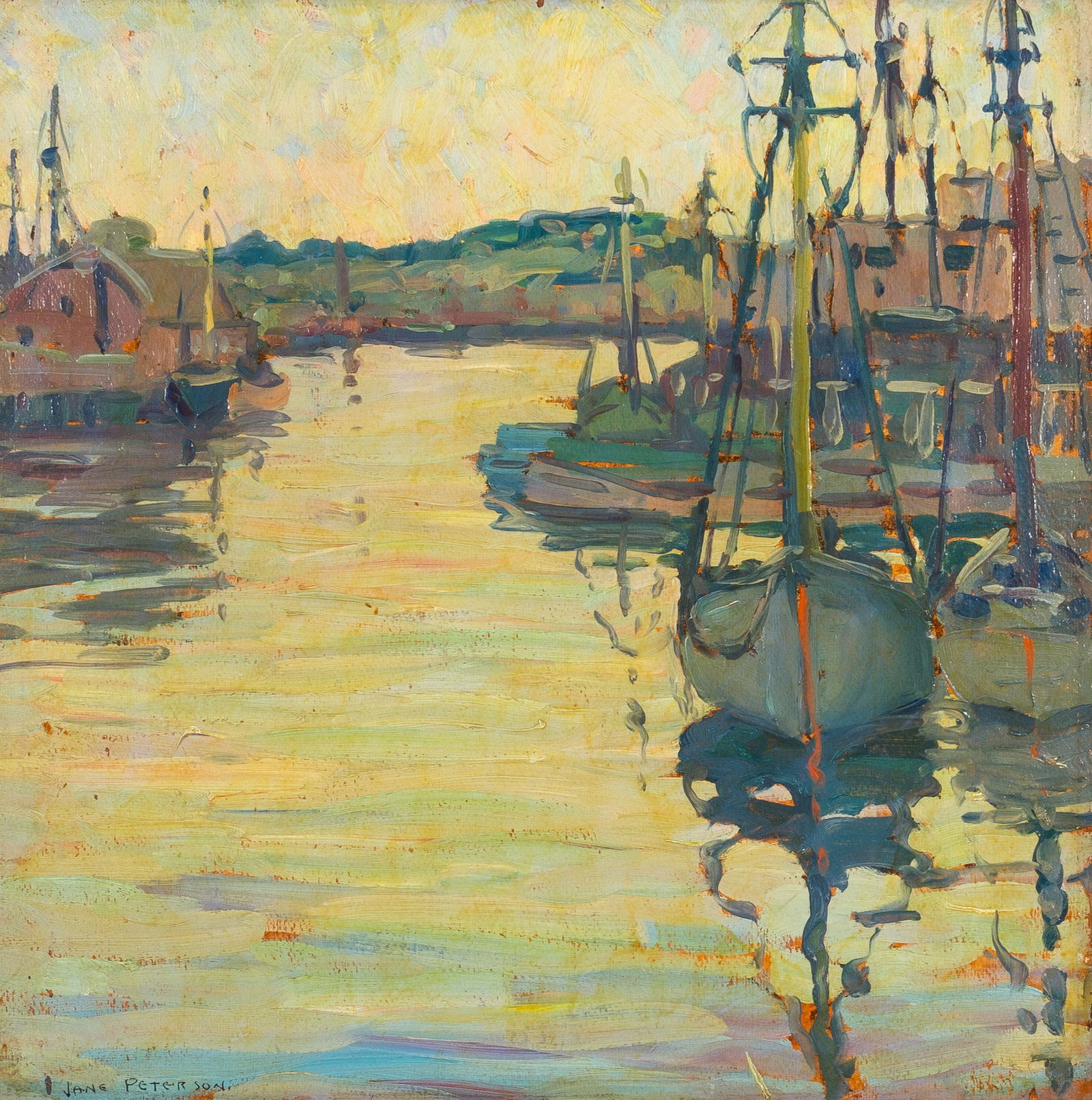Jane Peterson: American, 1876 - 1965Gloucester Sunset (Harbor Scene)Signed Jane Peterson. (ll)Oil on board18 x 18 inches (Framed 24 1/4 x 24 1/4 inches) The old v