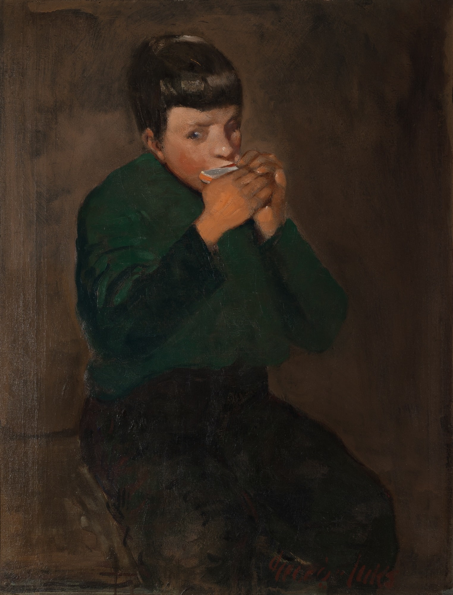 George Luks: American 1867-1933The Harmonica PlayerSigned George Luks (lr)Oil on canvas35 1/2 x 27 1/8 inches Provenance:Parke-Bernet Galleries, New York, Apr. 12, 1958, lot 244Gladys and Selig Burrow