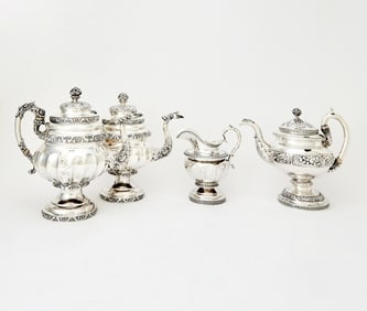 American Silver Teapot, Cream Jug and Two Sugar Bowls