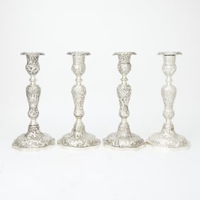 Set of Four Loring Andrews Sterling Silver "Architectural" Pattern Candlesticks 1880s