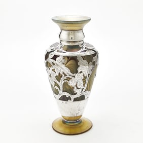 American Sterling Silver Overlay Iridescent Glass Vase