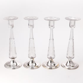 Set of Four American Sterling Silver and Glass Candlesticks
